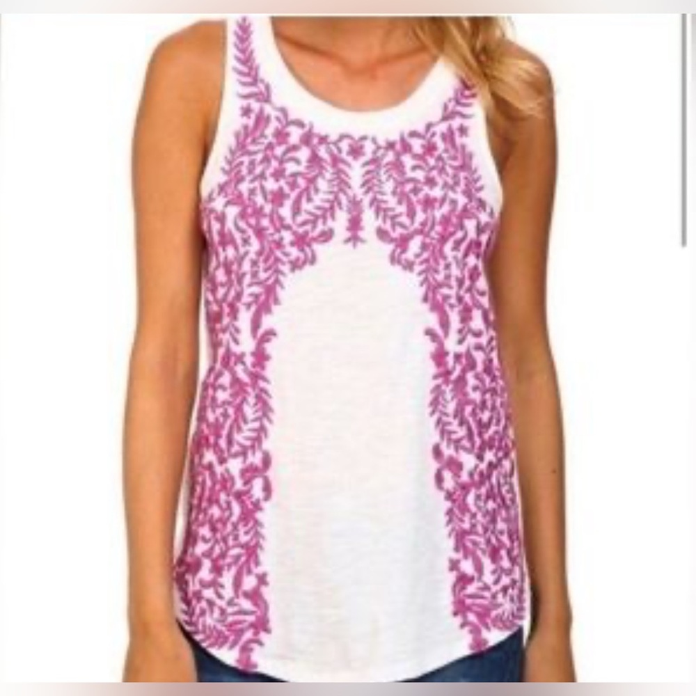 Lucky Brand White Tank Top with Pink Embroidered Motif
